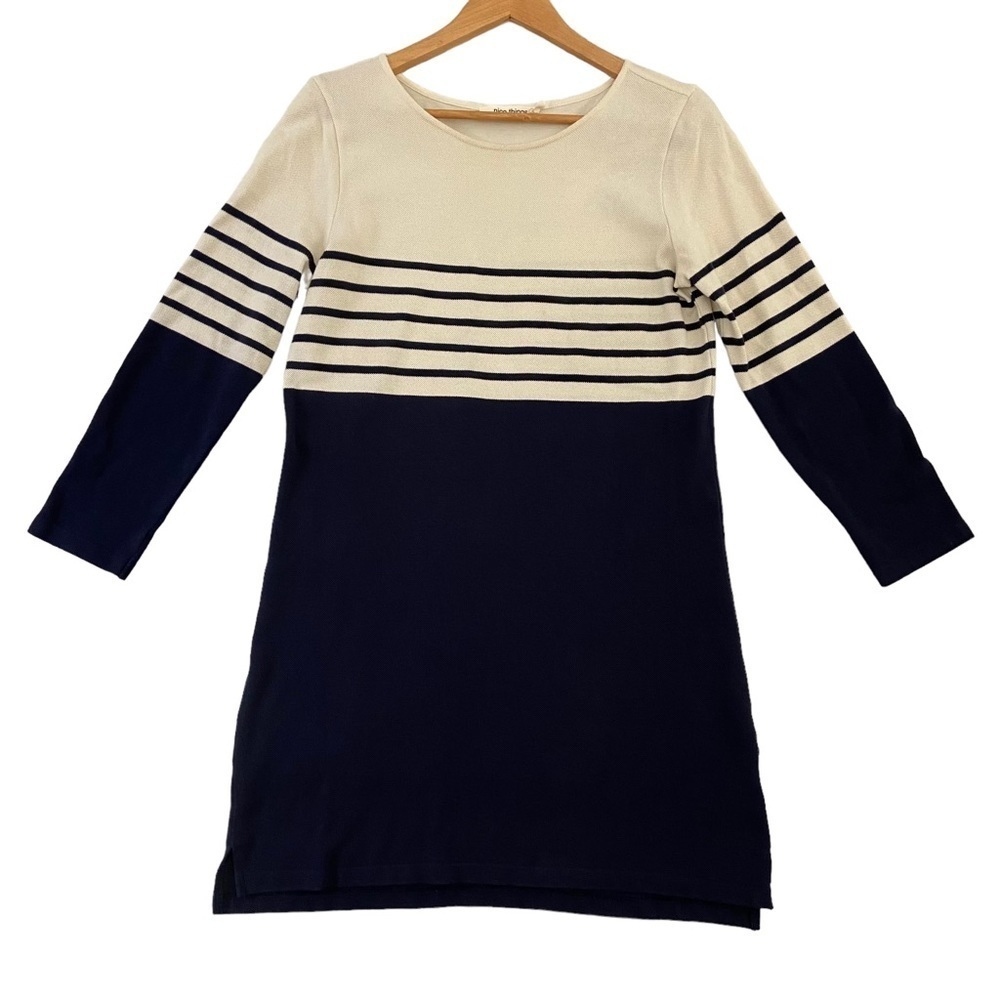 Nice Things Paloma dress 100% cotton navy blue ecru white/off white stripe small